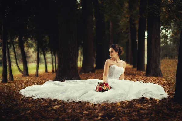 Beautiful Bride Wedding Dress Lying Leafage Autumn Forest — Stock Photo, Image