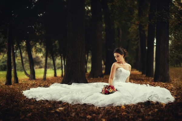 Beautiful Bride Wedding Dress Lying Leafage Autumn Forest — Stock Photo, Image