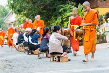 Luang Prabang, Laos - Mar 06 2015: sadaka sabah toplama Budist rahipler. Rahipler de Luang Prabang için sadaka verme geleneği turistlere genişletilmiş.