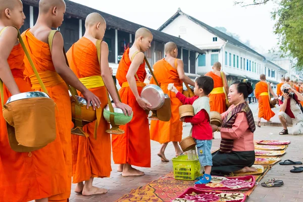 Luang Prabang, Laos - Mar 05 2015: sadaka sabah toplama Budist rahipler. Rahipler de Luang Prabang için sadaka verme geleneği turistlere genişletilmiş.