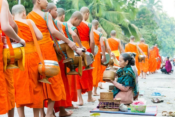 Luang Prabang, Laos - Mar 06 2015: Boeddhistische monniken verzamelen alms in de ochtend. De traditie van het geven van aalmoes aan monniken in Luang Prabang is uitgebreid tot toeristen. — Stockfoto