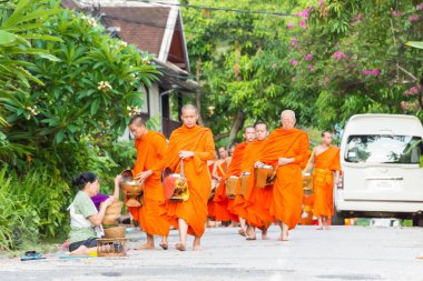 Luang Prabang, Laos - 13 Haziran 2015: sabah töreni Budist sadaka. Rahipler de Luang Prabang için sadaka verme geleneği turistlere genişletilmiş.