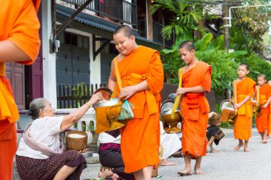 Luang Prabang, Laos - 13 Haziran 2015: sabah töreni Budist sadaka. Rahipler de Luang Prabang için sadaka verme geleneği turistlere genişletilmiş.