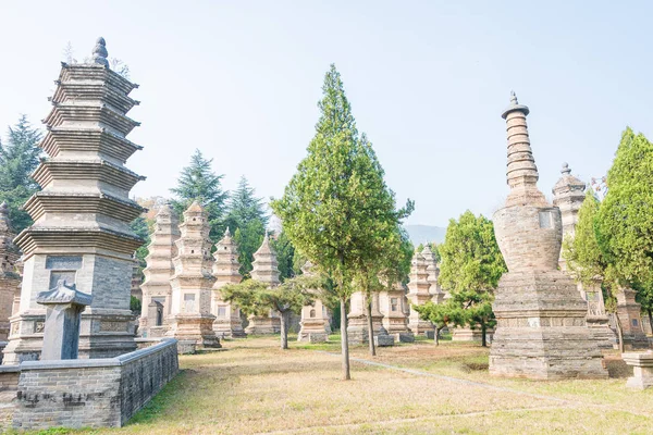 中国河南-2015 年 11 月 9 日︰ 塔林 （佛教宝塔森林） 在少林 Temple(World Heritage site)。著名的历史遗址，在河南省登封市. — 图库照片