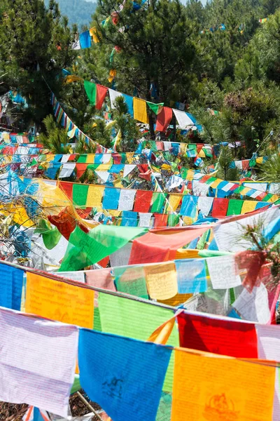 Shangrila, Kina - Mar 13 2015: Prayer flag Baiji templet. en berömda tibetanska staden Shangrila, Yunnan, Kina. — Stockfoto