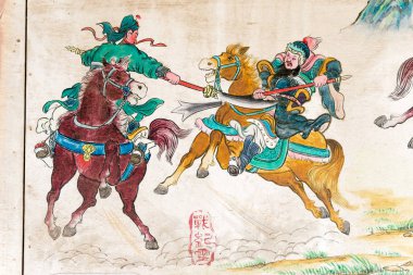 Shanxi, Çin - 24 Ağustos 2015: Duvar sanatı Guan Wang Tapınağı (Guandi Tapınağı). Yuncheng, Shanxi, Çin ünlü tarihi bir site.