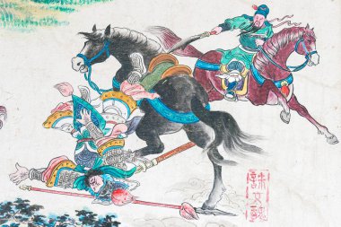 Shanxi, Çin - 24 Ağustos 2015: Duvar sanatı Guan Wang Tapınağı (Guandi Tapınağı). Yuncheng, Shanxi, Çin ünlü tarihi bir site.