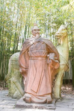 Sichuan, Çin - Mar 28 2015: Liu Bei heykeli, Zhaohua antik kenti. ünlü tarihi bir site Guangyuan, Sichuan, Çin.