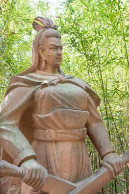 Sichuan, Çin - Mar 28 2015: Bao Sanniang heykele Zhaohua antik kenti. ünlü tarihi bir site Guangyuan, Sichuan, Çin.