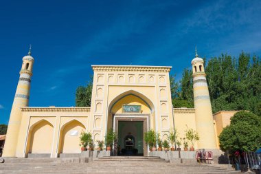 Doğu Türkistan, Çin - 24 Mayıs 2015: Kimliği Kah Camii. Kaşgar, Doğu Türkistan, Çin'in ünlü tarihi bir site.