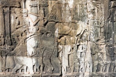 Siem Reap, Kamboçya - 08 Aralık 2016: Kabartma Angkor Thom Bayon tapınağında. bir ünlü Ören (Unesco Dünya Mirası) Angkor, Siem Reap, Kamboçya.