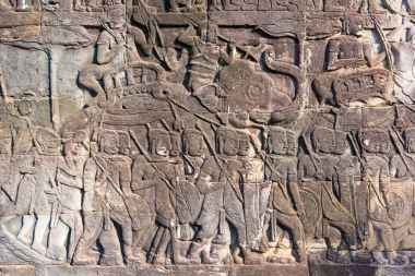 Siem Reap, Kamboçya - 08 Aralık 2016: Kabartma Angkor Thom Bayon tapınağında. bir ünlü Ören (Unesco Dünya Mirası) Angkor, Siem Reap, Kamboçya.