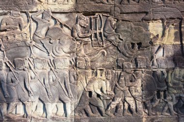 Siem Reap, Kamboçya - 08 Aralık 2016: Kabartma Angkor Thom Bayon tapınağında. bir ünlü Ören (Unesco Dünya Mirası) Angkor, Siem Reap, Kamboçya.