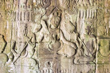 Siem Reap, Kamboçya - 08 Aralık 2016: Kabartma Angkor Thom Bayon tapınağında. bir ünlü Ören (Unesco Dünya Mirası) Angkor, Siem Reap, Kamboçya.