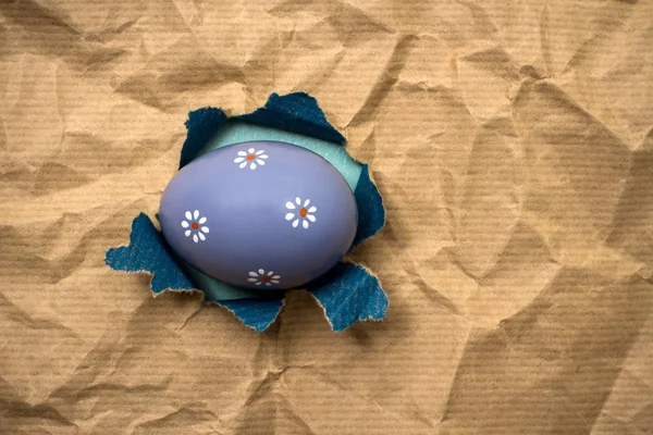Huevo oriental lila en papel de regalo marrón agujero — Foto de Stock