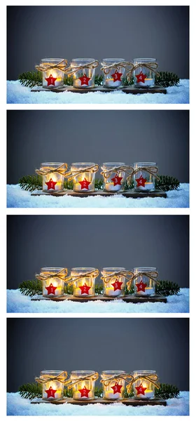 Four Advent candles in the snow, collage Advent — Stock Photo, Image