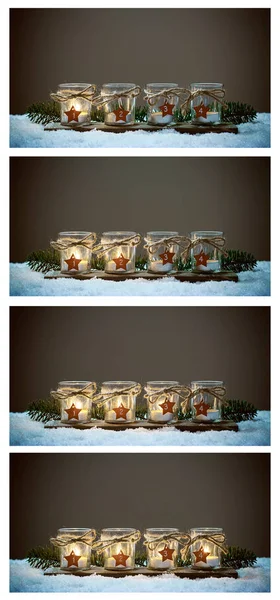 Four Advent candles in the snow, collage Advent — Stock Photo, Image
