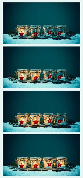 Чотири свічки на снігу, колаж Пригода — стокове фото