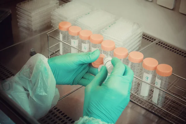 Técnico de laboratorio toma muestra de tubo para prueba, primer plano — Foto de Stock