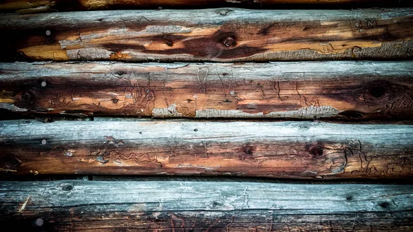 Die Wand aus runden, alten Baumstämmen — Stockfoto