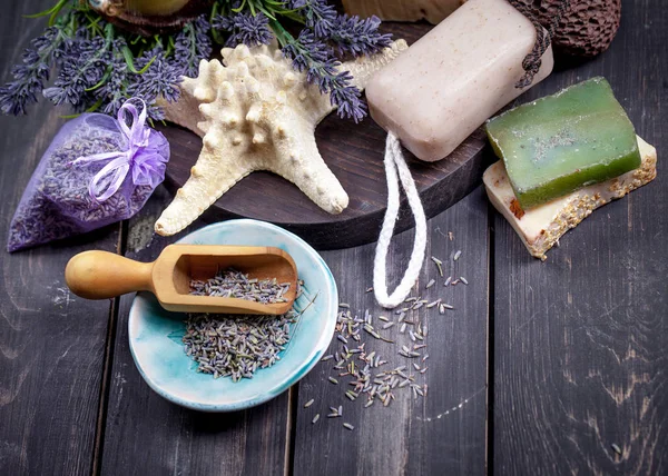 Collection with soaps and lavender flowers — Stock Photo, Image