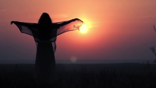 Silueta hembra meditar al amanecer — Vídeo de stock