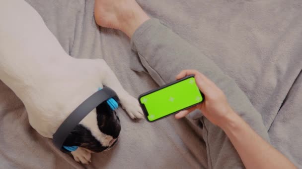Top pohled chlap drží smartphone se zelenou obrazovkou hraje online — Stock video