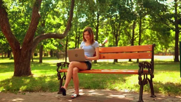 Female has video call outdoors — Stockvideo