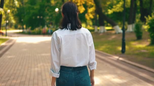 Back view marche féminine branchée dans la rue — Video