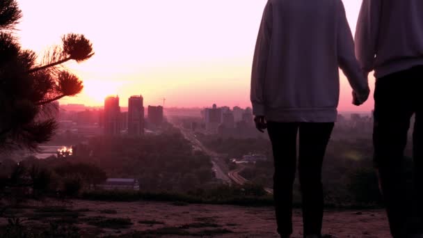 มุมมองด้านหลัง คู่รักในเมืองพระอาทิตย์ขึ้น — วีดีโอสต็อก