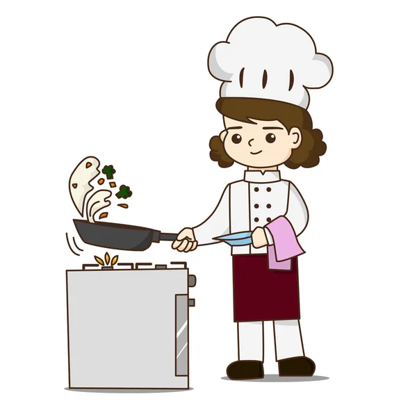 Guapa chef haciendo deliciosa comida, ella arrojando comida en sartén — Vector de stock