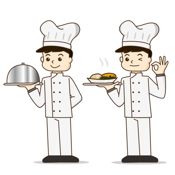 Desenhos animados cozinheiro chef personagem segurando comida e dando delicioso co — Vetor de Stock