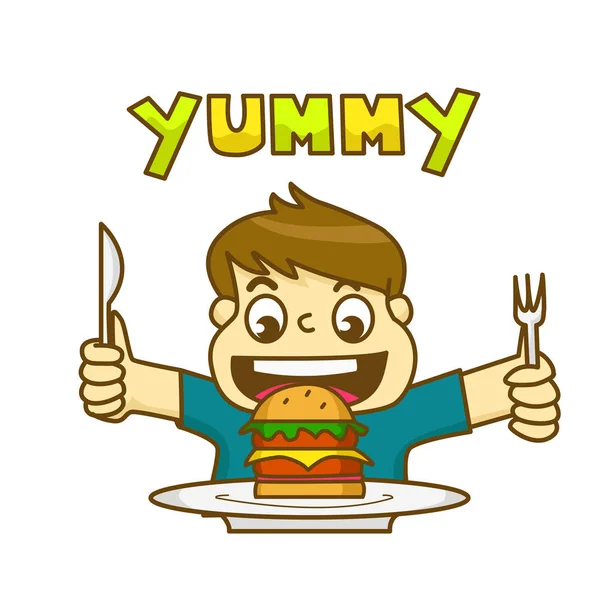 Küçük çocuk lezzetli hamburger yemek çok mutlu ve holding 