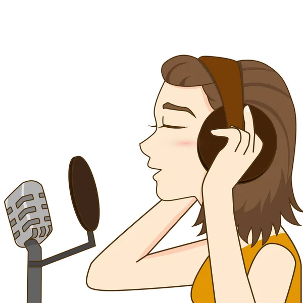 Hübsches Mädchen mit Kopfhörern singt im Tonstudio — Stockvektor