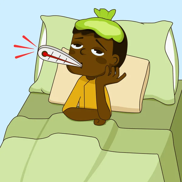 Menino afro-americano doente deitado na cama —  Vetores de Stock