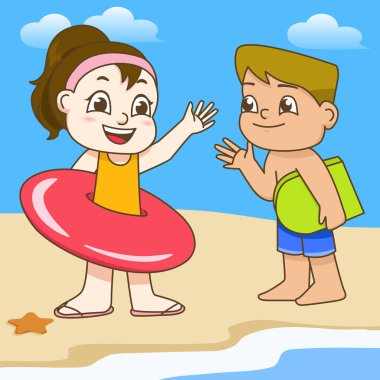 Erkek ve kız sahilde hayat yüzüklü