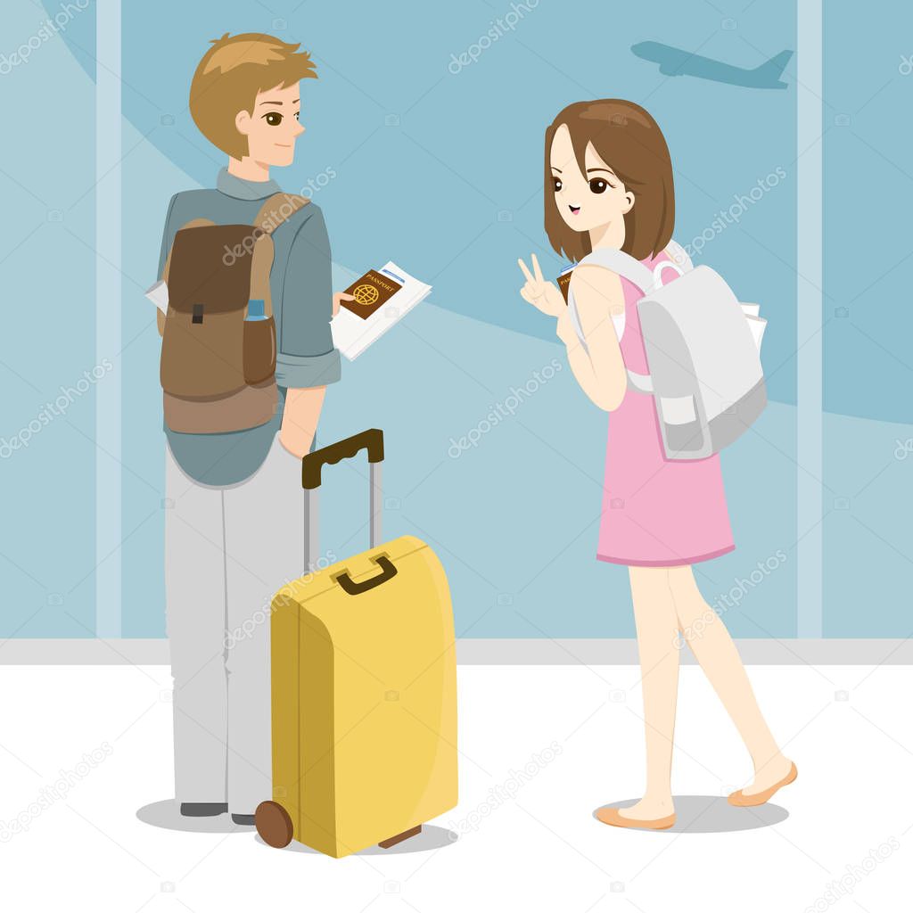 happy young couple with bags at airport