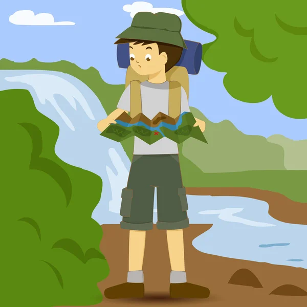 Asiatic băiat cu rucsac studiind hartă — Vector de stoc