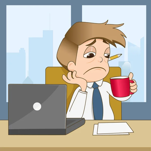 Langweiliger Geschäftsmann trinkt Kaffee im Büro — Stockvektor