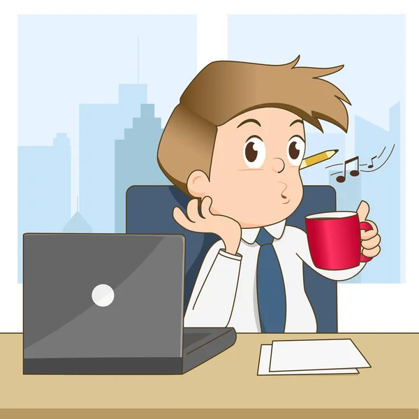 Happy businessman whistling and drink coffee in office — Stock Vector