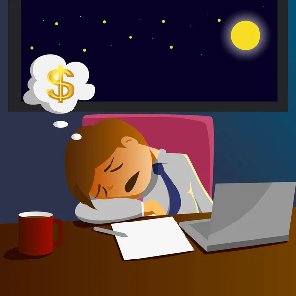 加班工资的人工作和睡在办公室的桌子上 — 图库矢量图片#