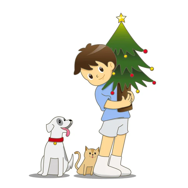 Niño con gato y perro sosteniendo el árbol de Navidad — Vector de stock
