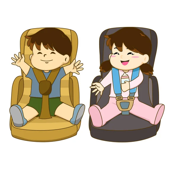 Vettore di ragazzo e ragazza seduti sul seggiolino auto con indosso la cintura di sicurezza — Vettoriale Stock