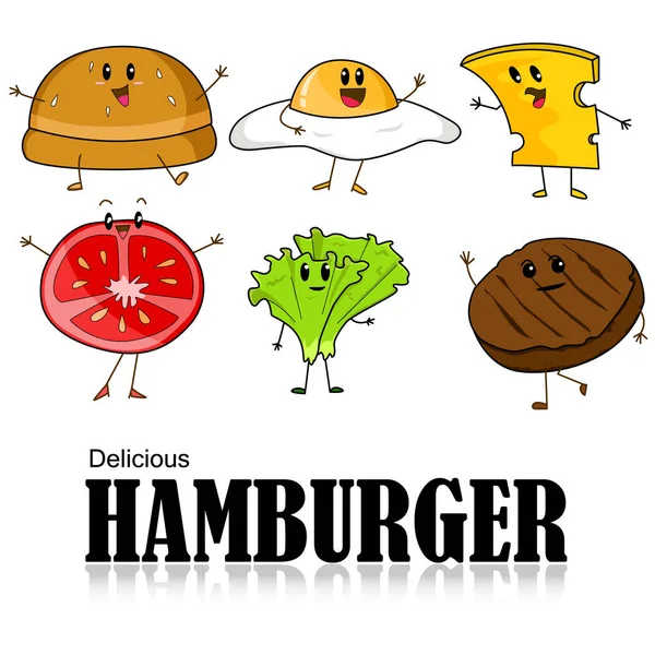 Caricature de Hamburger, pain, viande, tranches de tomate, fromage, laitue — Image vectorielle