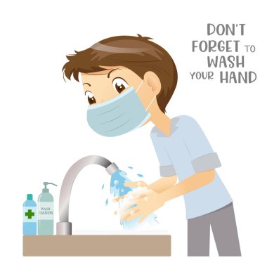 Adam tıbbi maske takıyor, ellerini sabunla yıkıyor, virüse karşı güvenli, Covid-19 önleme..