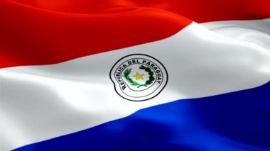 Paraguay bayrağı rüzgarda sallanan hareket döngüsü videosu. Gerçekçi Paragu Bayrağı geçmişi. Paraguay Bayrak Döngüsü Kapanışı 1080p Tam HD 1920X1080 görüntü. Paraguay Güney Amerika 'da film ve haber görüntülerinde bayraklar var