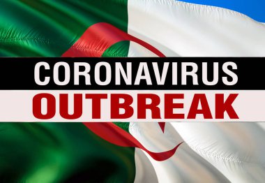 Roman Coronavirus - Cezayir bayrağı üzerinde 2019-NCoV, WUHAN virüs konsepti. Koronavirüs tehlikesi konsepti OutTBREAK 3D Çin koronavirüsü salgını yapıyor. Cezayir bayrağı geçmişi. Coronaviru