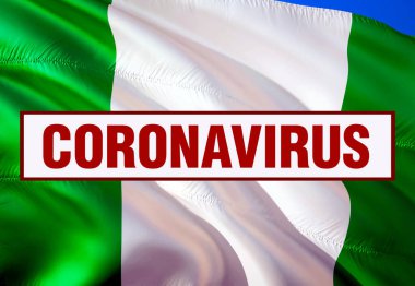 Nijerya bayrağı arka planında Coronavirus COVID-19 yazılıydı. Dünya Sağlık Örgütü WHO, Coronavirus hastalığına COVID 19 adını verdi. 3 boyutlu görüntüleme. Nigeri 'de Coronavirus
