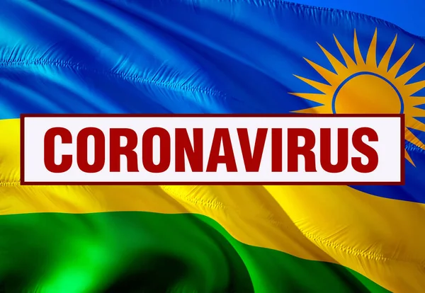 Inscription Coronavirus COVID-19 on Rwanda flag background. World Health Organization WHO introduced new official name for Coronavirus disease named COVID 19. 3D rendering. Coronavirus on Rwanda fla