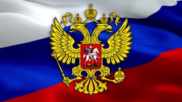 Russian Satin Flag With Coat of Arms of Russia. Waving Fabric